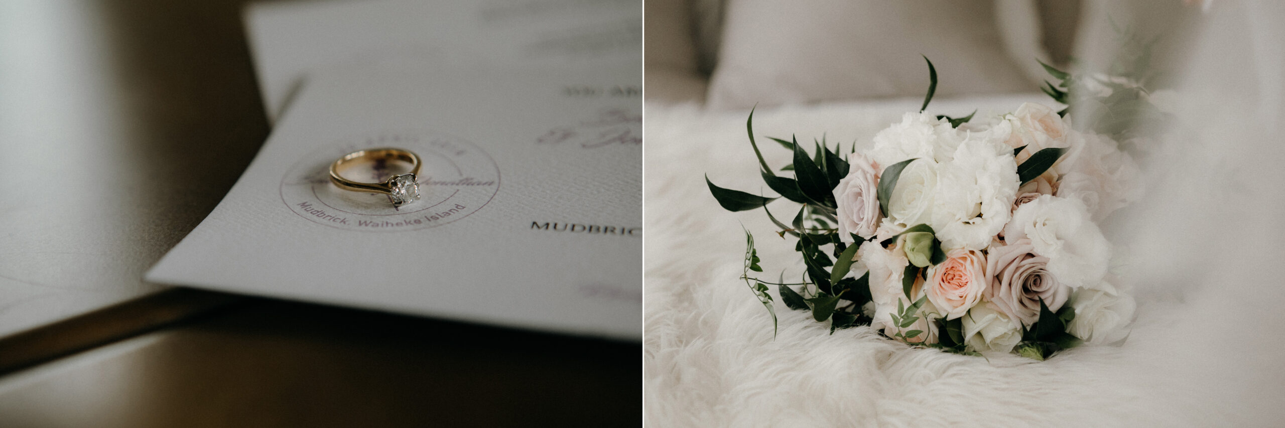 Brides engagement ring on wedding invitation and flower bouquet on bed at Mudbrick Lodge on Waiheke Island Auckland, photo by Sarah Weber Photography
