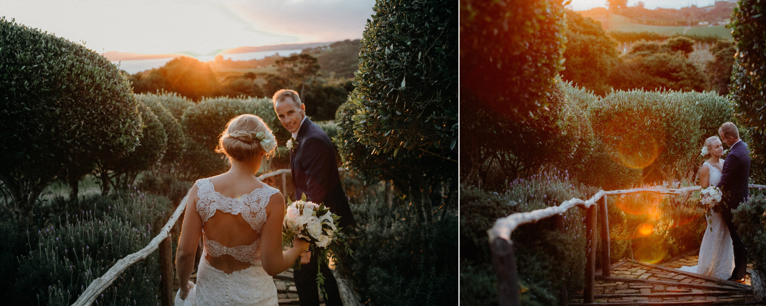 Bride and Groom wedding photos during sunset golden hour at Mudbrick Waiheke Island Auckland, by Sarah Weber Photography