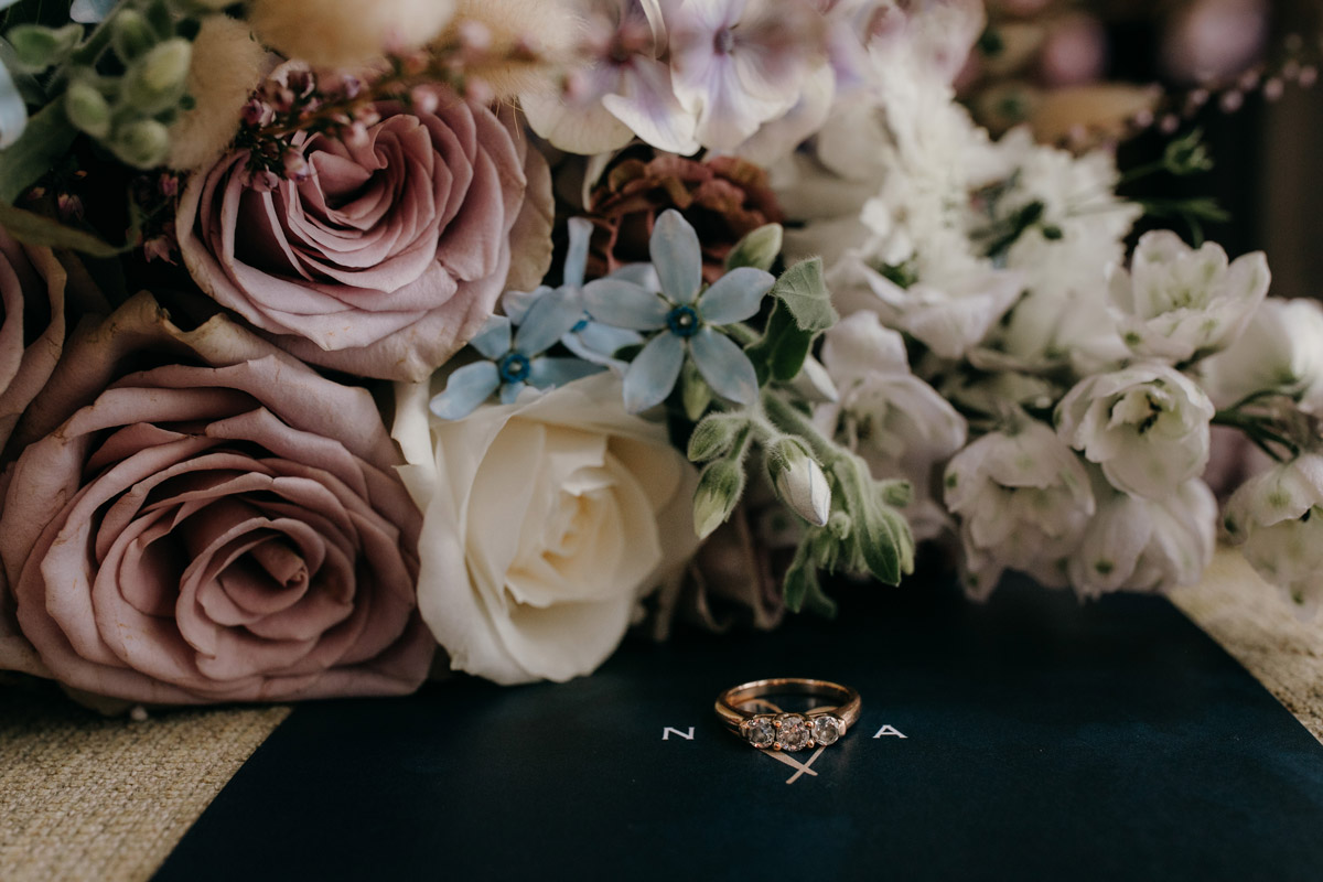 Brides flowers and engagement ring closeup Auckland wedding photo by Sarah Weber Photography