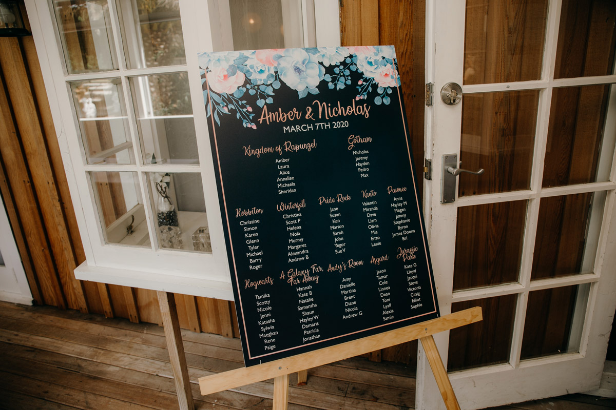 Seating Chart sign outside The Brigham wedding reception venue in Whenuapai, Auckland photo by Sarah Weber Photography