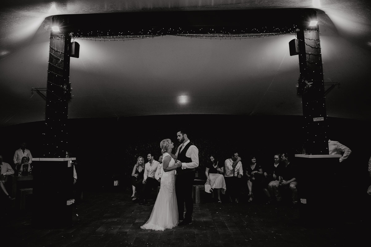 Bride and Groom first dance at The Brigham wedding reception blakc and white photo by Sarah Weber Photography