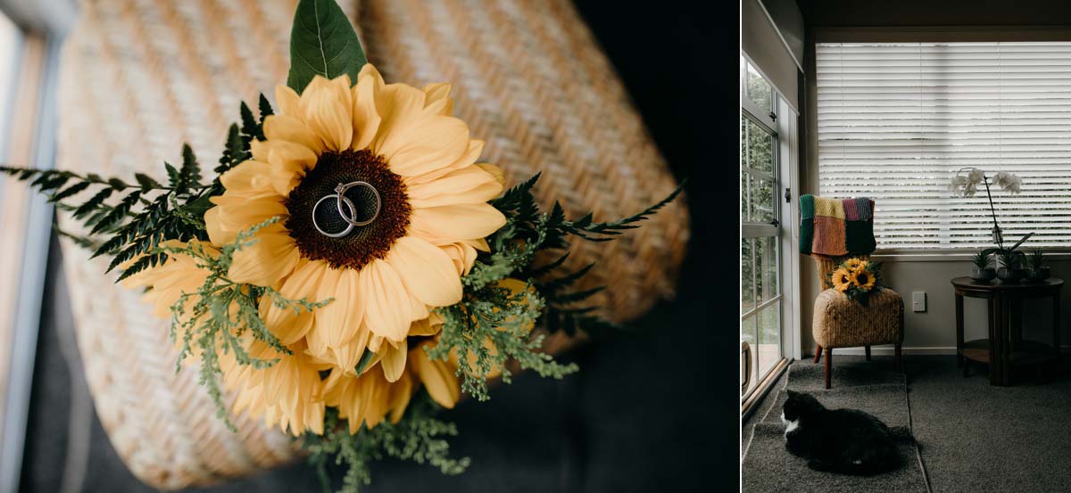 rings on brides sunflower bouquet for bridgewater country estate wedding. Garden venue in Kaukapakapa, Auckland photo by sarah weber photography