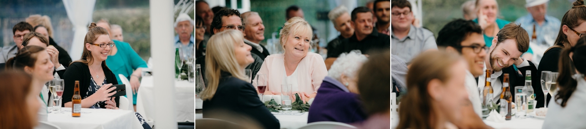 guests laughing at speeches during wedding reception at bridgewater country estate venue in Kaukapakapa, Auckland photo by sarah weber photography