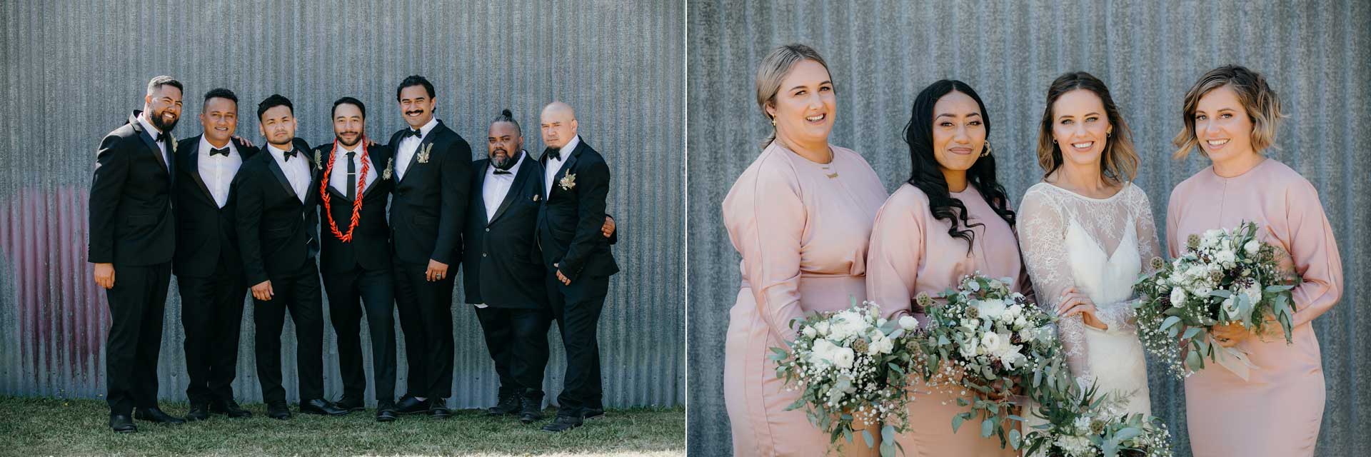 bridal party portrait photos against shed in kumeu auckland by sarah weber photography