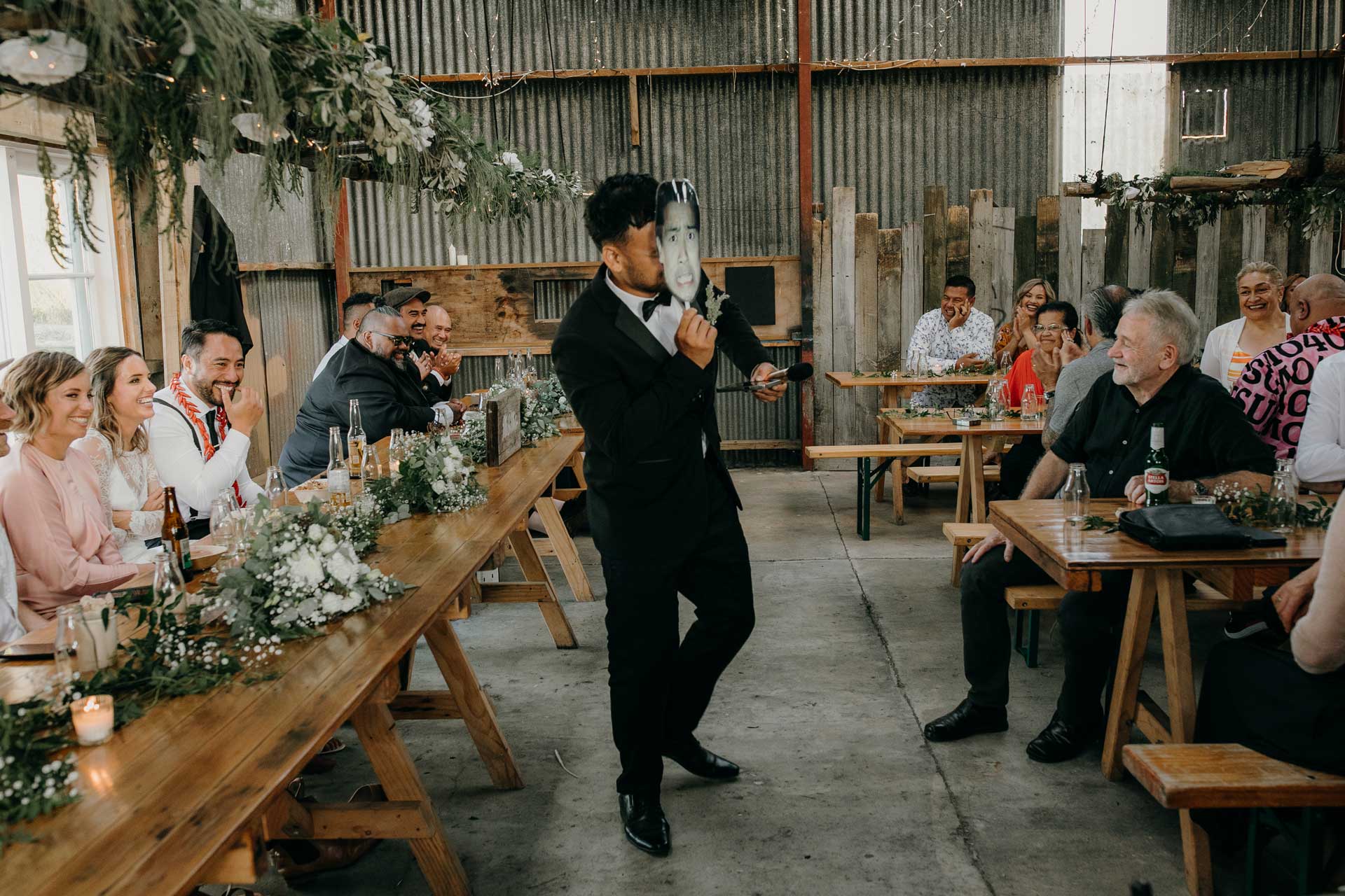 wedding speeches at rustic DIY barn reception in west auckland photos by sarah weber photography
