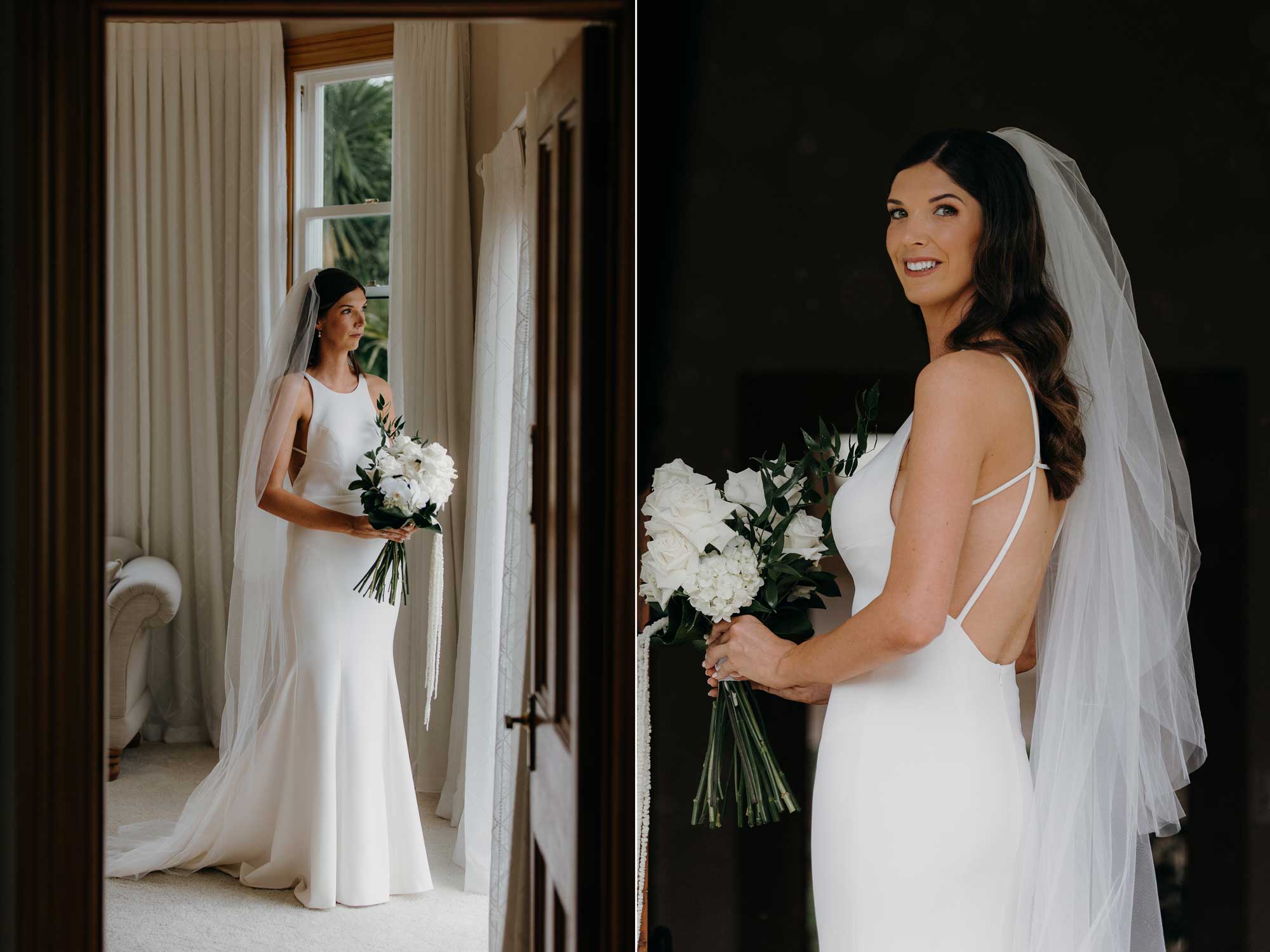Bride in her wedding dress at The Crowe's Nest 82 Ingram Road Bombay, Auckland photo by Sarah Weber Photography