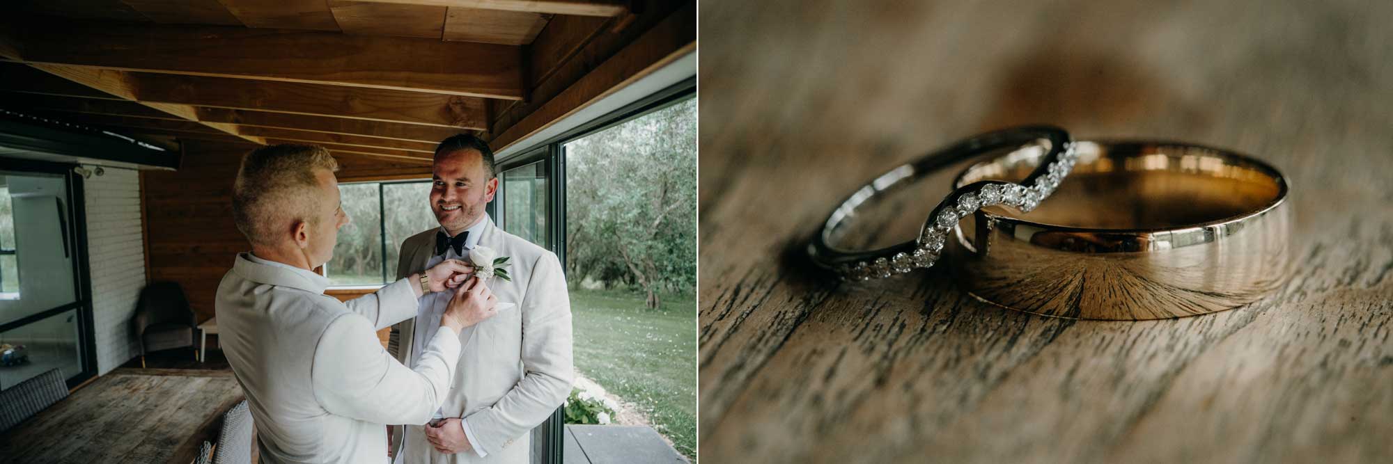 Groomsmen getting ready and wedding rings at Bracu Estate in Auckland photo by Sarah Weber Photography