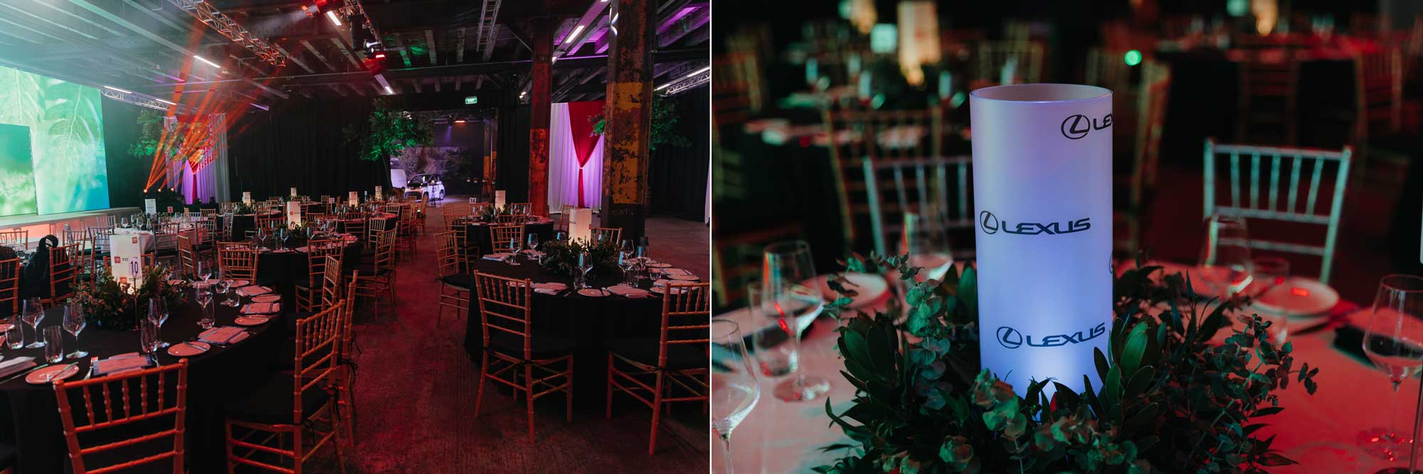 Table setups at the 2022 Toyota and Lexus awards. At Shed 10, Auckland. Photo by Sarah Weber Photography