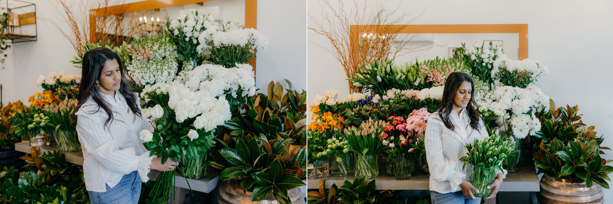 Photo of The Flower Vault owner Manisha Masters in her West Auckland store in Hobsonville commercial photos by Sarah Weber Photography